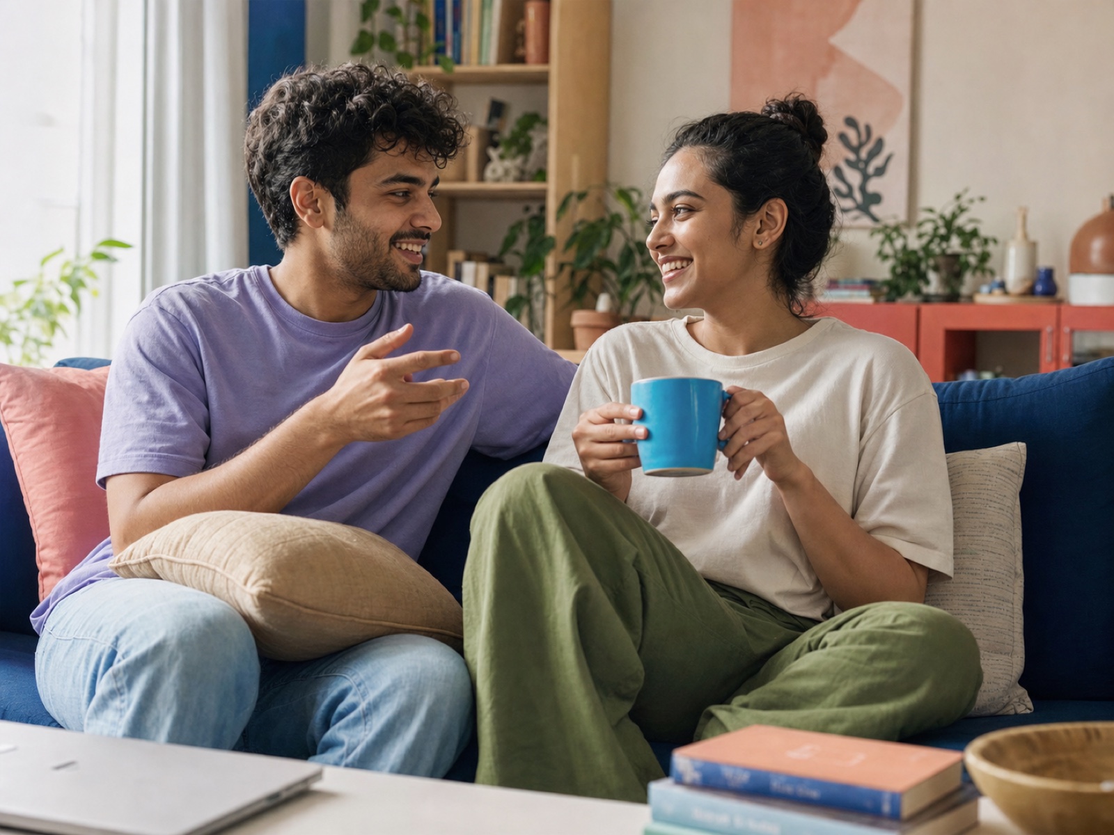 Two Indian friends talking together on a sofa