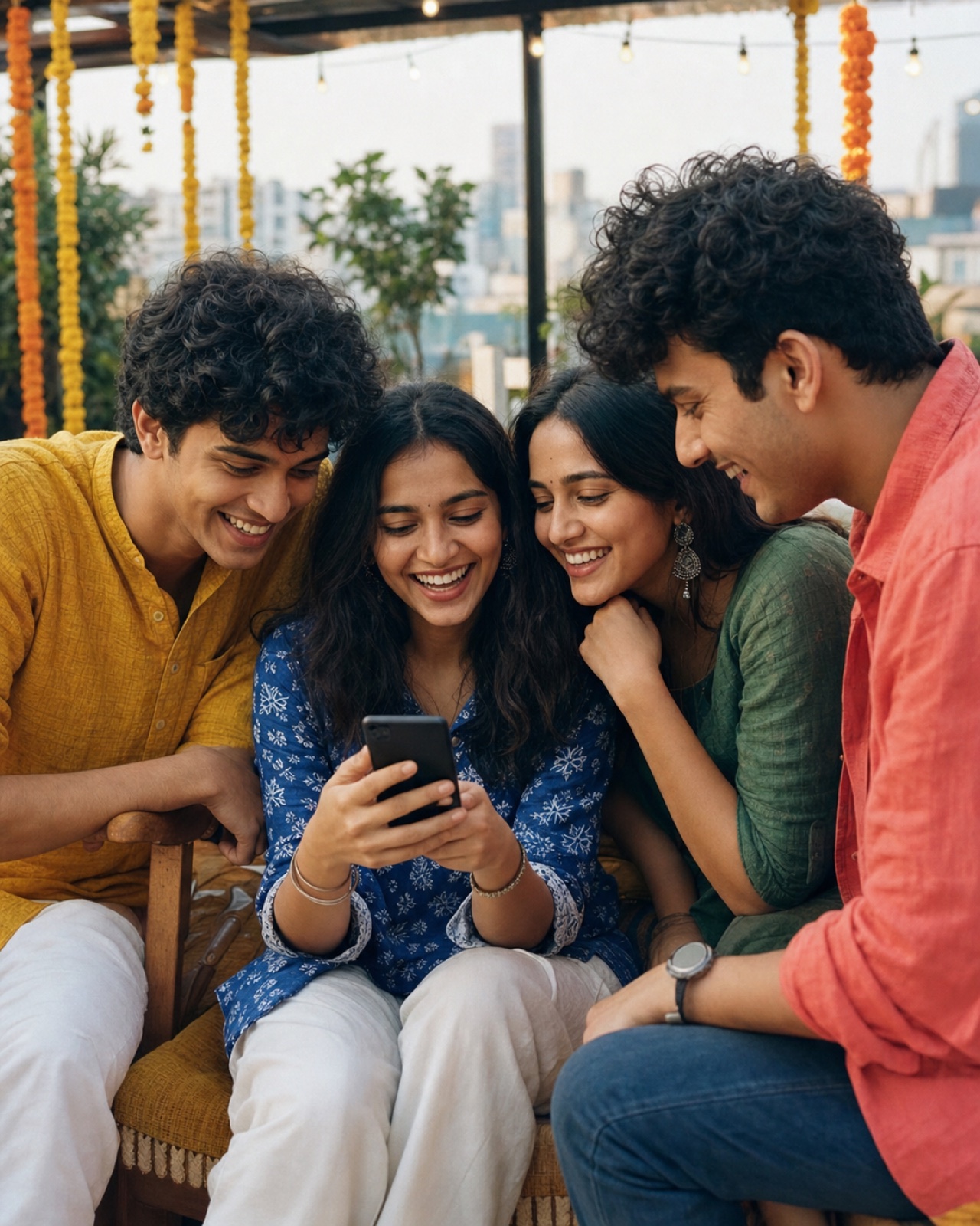 Four Indian friends laughing together over a phone