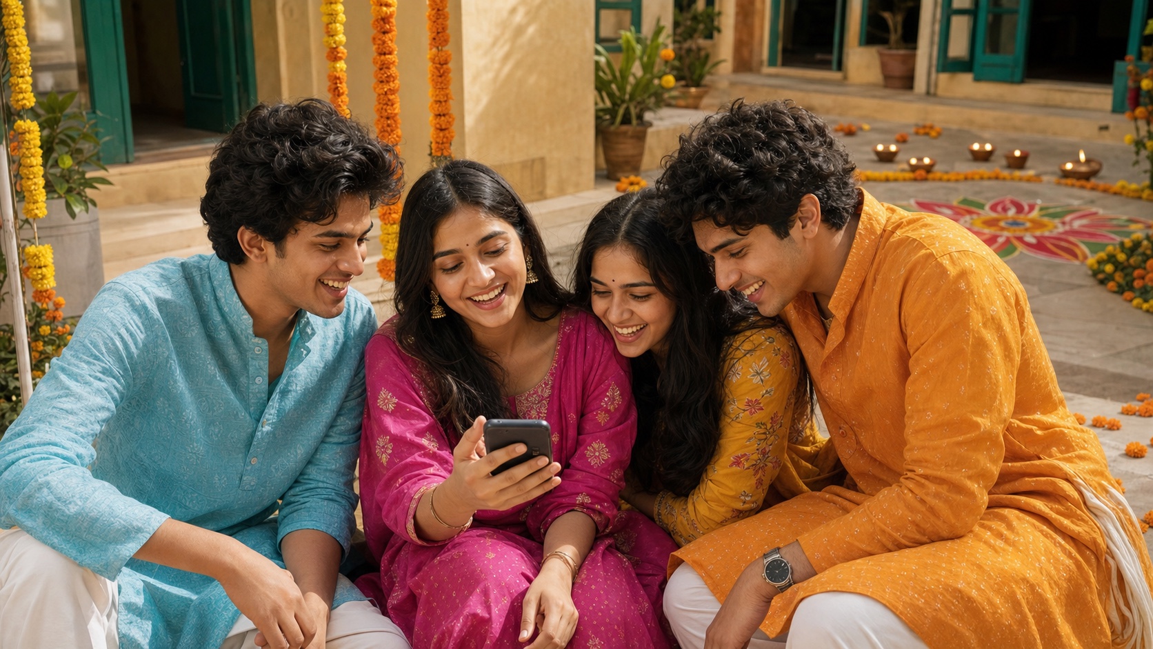 Indian Gen Z friends sharing a phone in a traditional festive courtyard