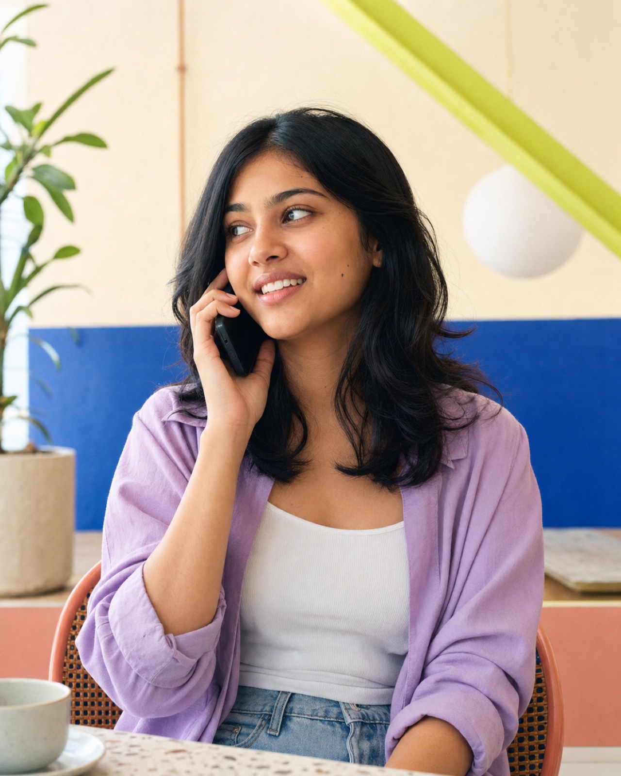 A young Indian woman having a relaxed phone conversation