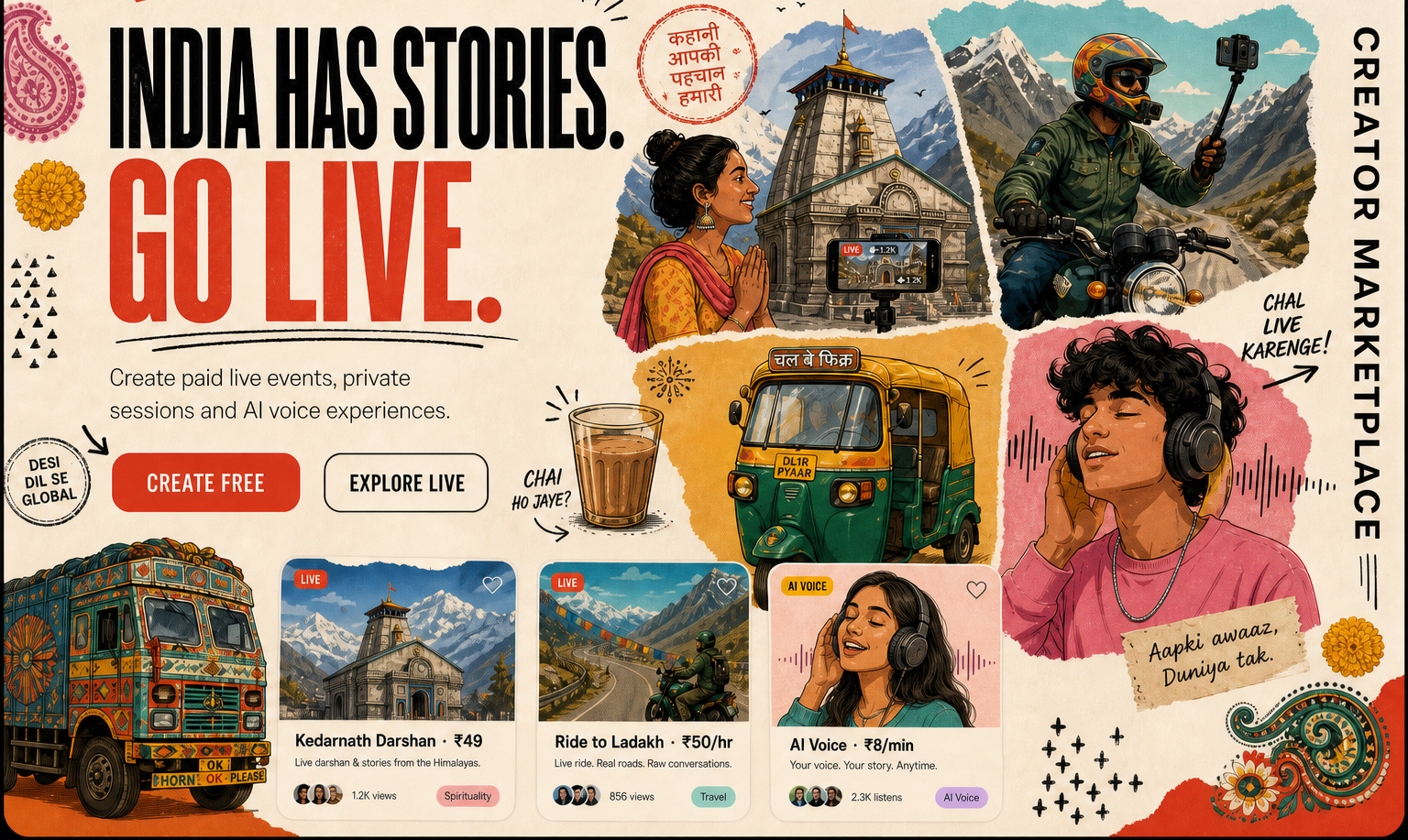 avaTOK marketplace poster: India has stories. Go live.