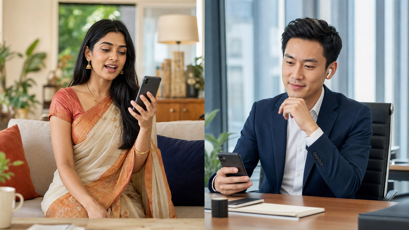 Indian woman in a sari speaking Hindi on a live translated call