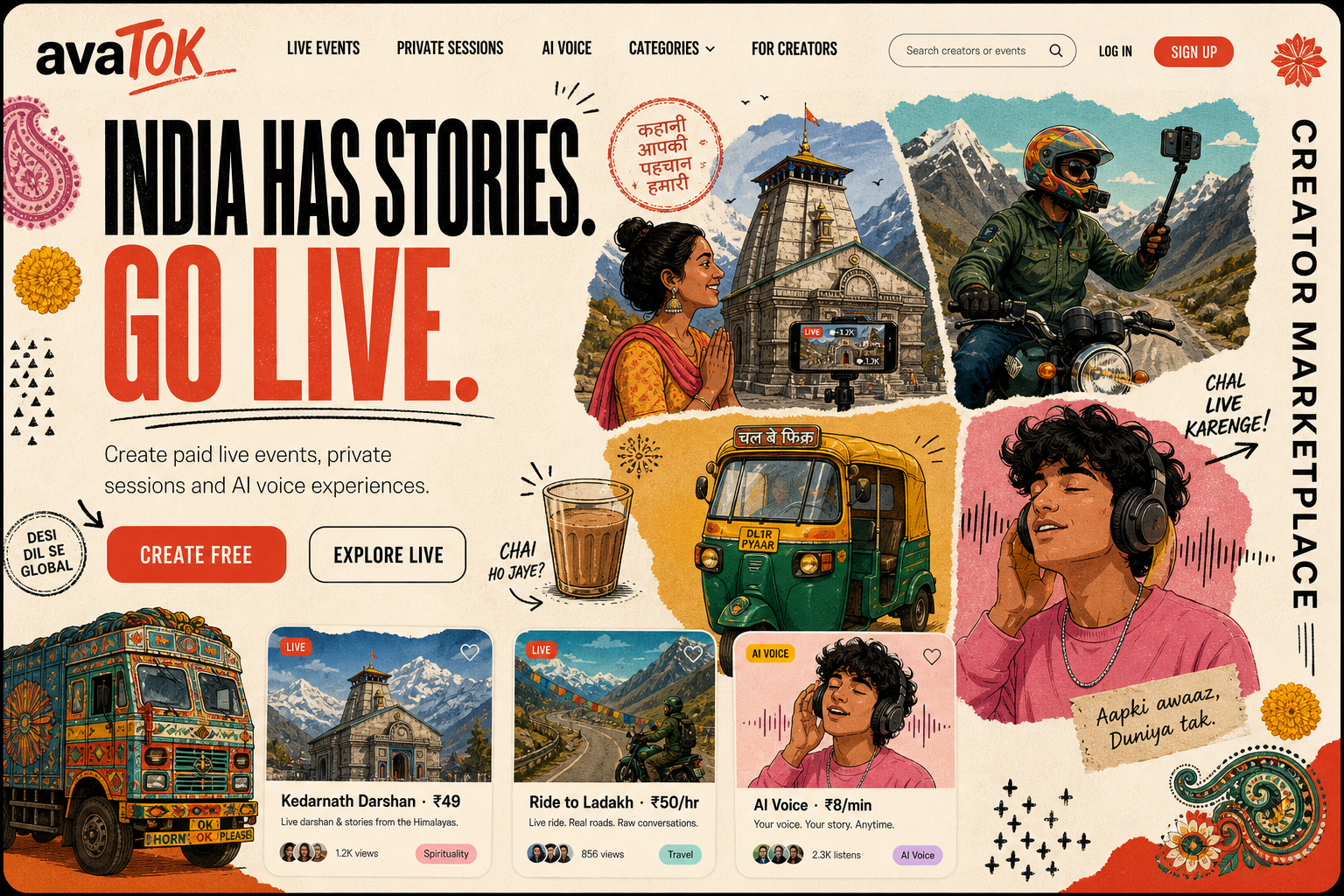 avaTOK marketplace poster: India has stories. Go live.